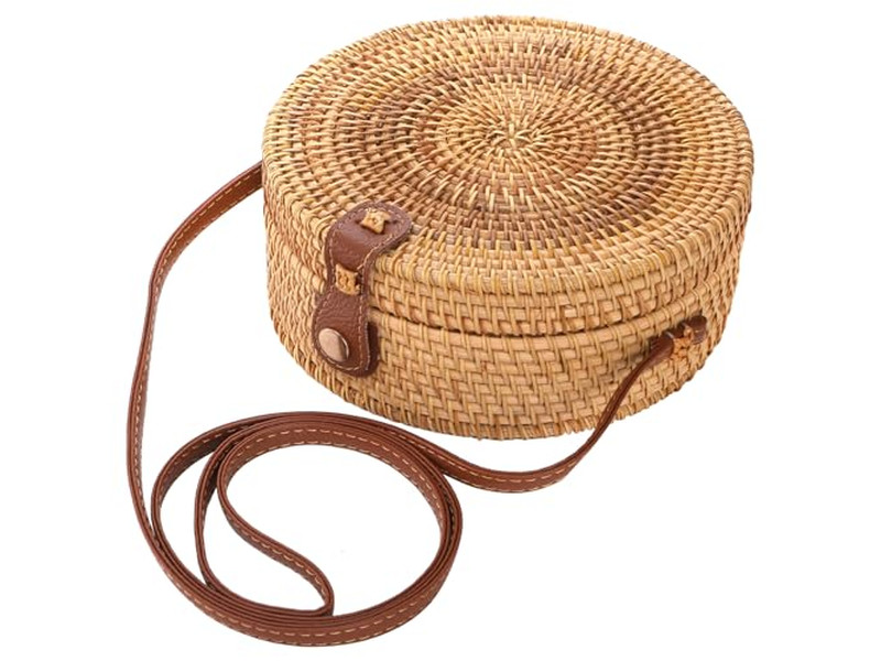 Woven Paper Straw Bag Black Round Bags Of Natural Bali Rattan Custom Logo