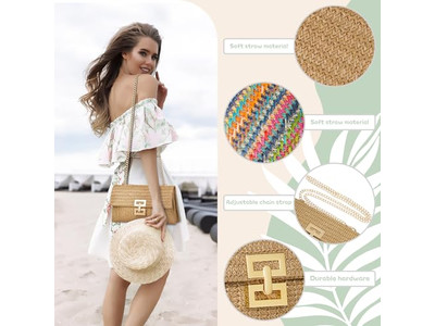 Crochet Straw Bag Fashion Feather Braided Damping Beach Purse Bride Black