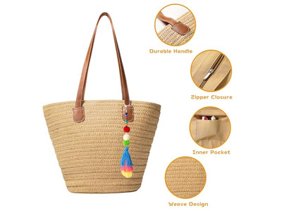 Straw Handbag Women Mat Beach Bag Tote Jute Woven Set