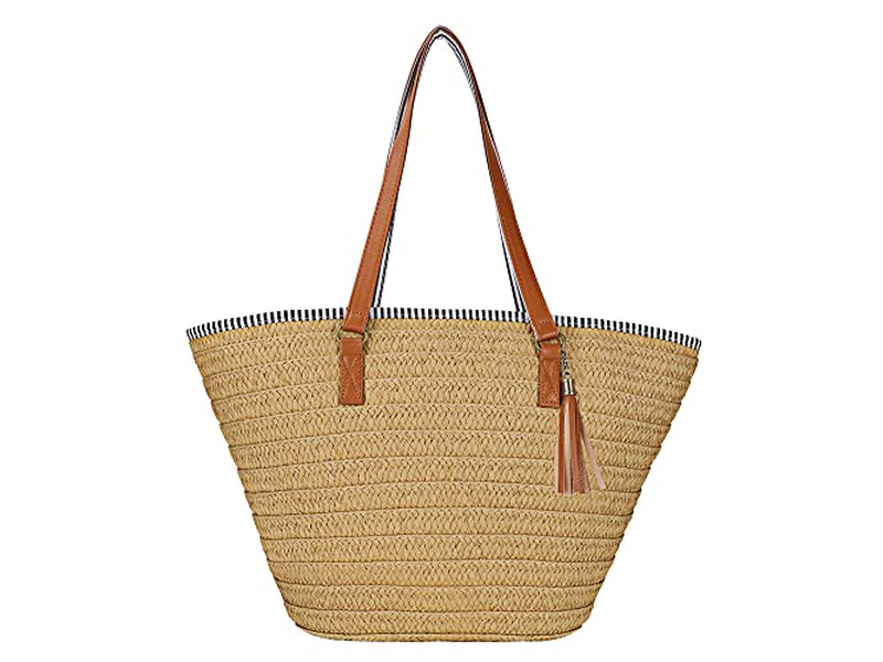 Women'S Straw Handbag Wheat Beach Bag Woman Woven Women Boho Bags Wood Handle