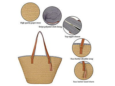 Women'S Straw Handbag Wheat Beach Bag Woman Woven Women Boho Bags Wood Handle